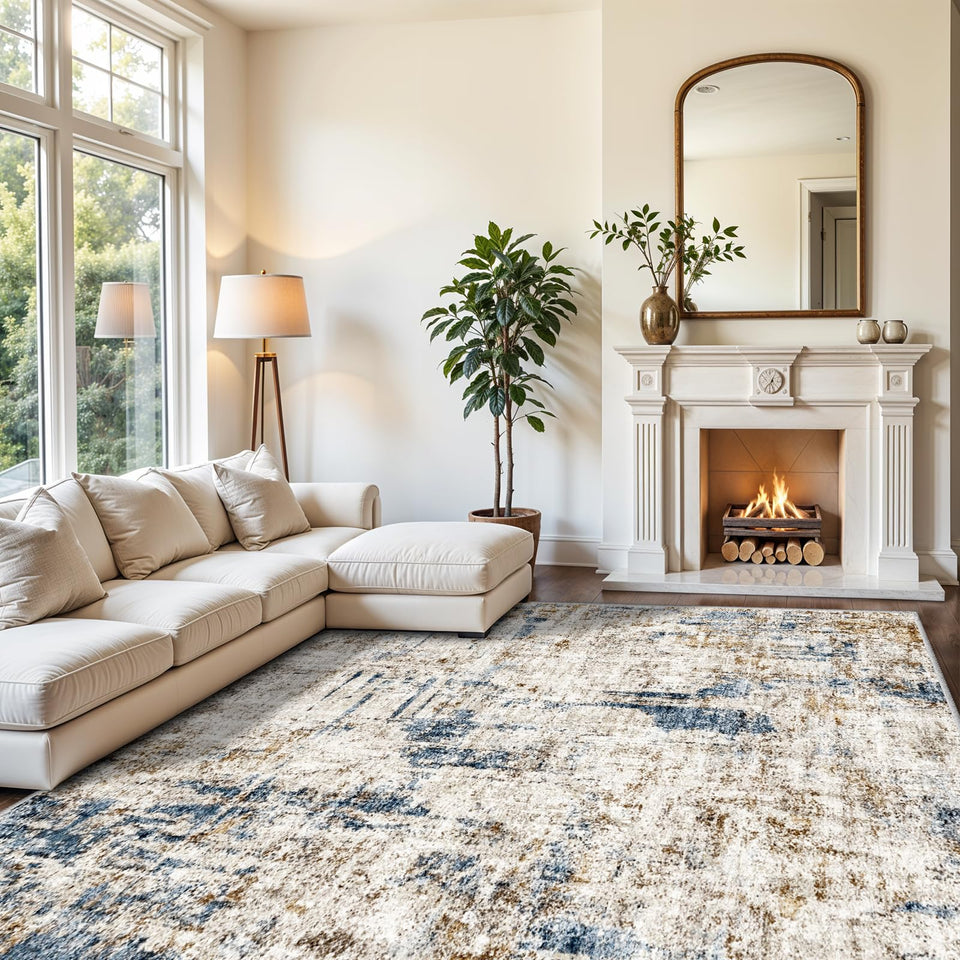 12x15 Area Rug for Living Room – Large Modern Neutral Abstract Thin Washable Carpet, Soft Low Pile Non-Slip Stain-Resistant for Bedroom Dining Room Home Office (Beige Grey)