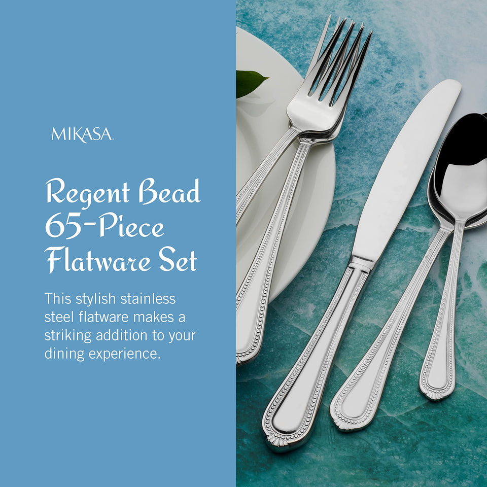 Mikasa Regent Bead 65-Piece Flatware Set for 12, 18/10 Stainless Steel Silverware with Full Service and Serving Utensils, Classic Beaded Edge Design