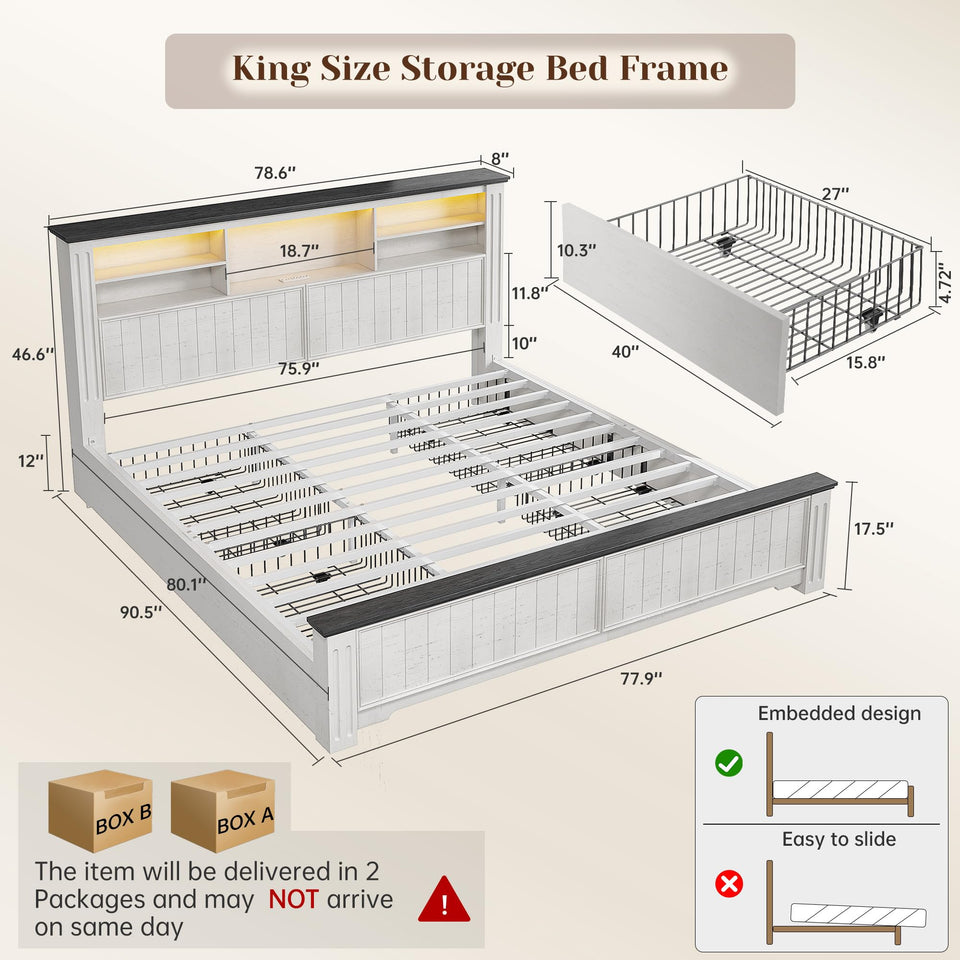 EnHomee King Size Bed Frame and Headboard & Storage, 4 Drawers and LED Built in Charging Station King Bed Frame with Storage Farmhouse,NO Noise,No Box Spring Needed,White
