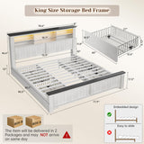 EnHomee King Size Bed Frame and Headboard & Storage, 4 Drawers and LED Built in Charging Station King Bed Frame with Storage Farmhouse,NO Noise,No Box Spring Needed,White