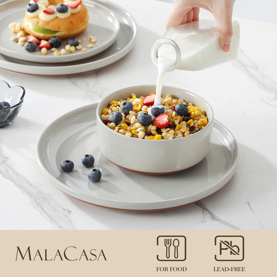 MALACASA Plates and Bowls Sets, 24 Pieces Modern Ceramic Dinnerware Set for 8 Kitchen Stoneware Dishes Dishware Set Microwave and Dishwasher Safe, White, Series TARA