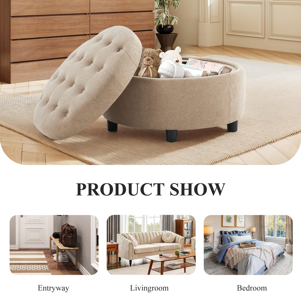 COLAMY Fabric Round Storage Ottoman with Reversible Tray Lid – Multi-Functional Footrest, Hidden Storage, Sturdy & Stylish Small Coffee Table for Living Room, Bedroom, or Entryway(Beige)