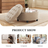 COLAMY Fabric Round Storage Ottoman with Reversible Tray Lid – Multi-Functional Footrest, Hidden Storage, Sturdy & Stylish Small Coffee Table for Living Room, Bedroom, or Entryway(Beige)