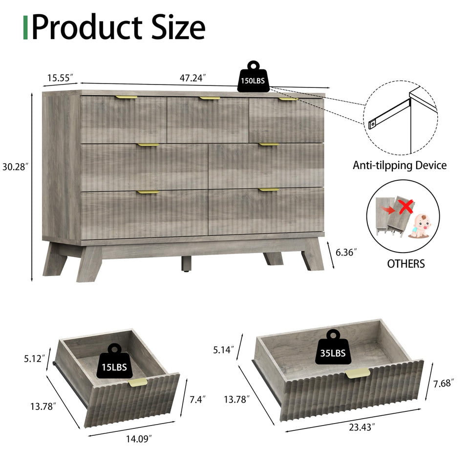 Fluted Dresser for Bedroom with 9 Drawers, 57" Wide Modern Chest of Drawers with Metal Handle, Wooden Dresser TV Stand, Wood Closet Clothes Storage Organizer for Living Room, Hallway, Natural Oak