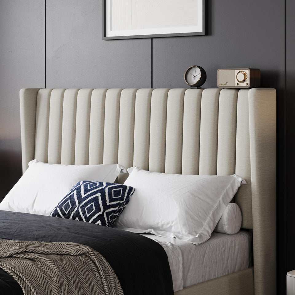 Yaheetech King Bed Frame Upholstered Platform Bed with Fabric Headboard, Wing Edge Design/Non-Slip and Noise-Free/Wooden Slats Support/No Box Spring Needed/Easy Assembly, Ivory King Bed