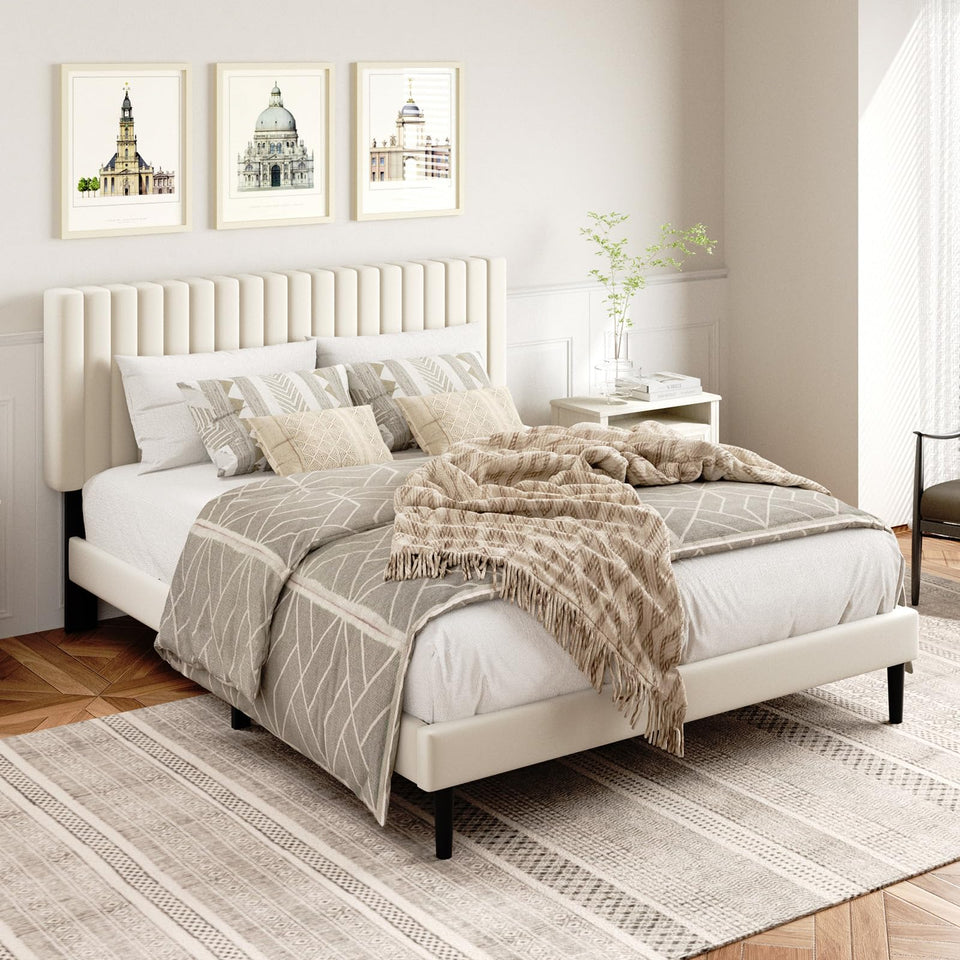 HAOARA King Size Bed Frame,King Size Platform Bed Frame and Velvet Upholstered Headboard with Strong Wood Slats, Box Spring Optional, Mattress Foundation, Easy Assembly Beige