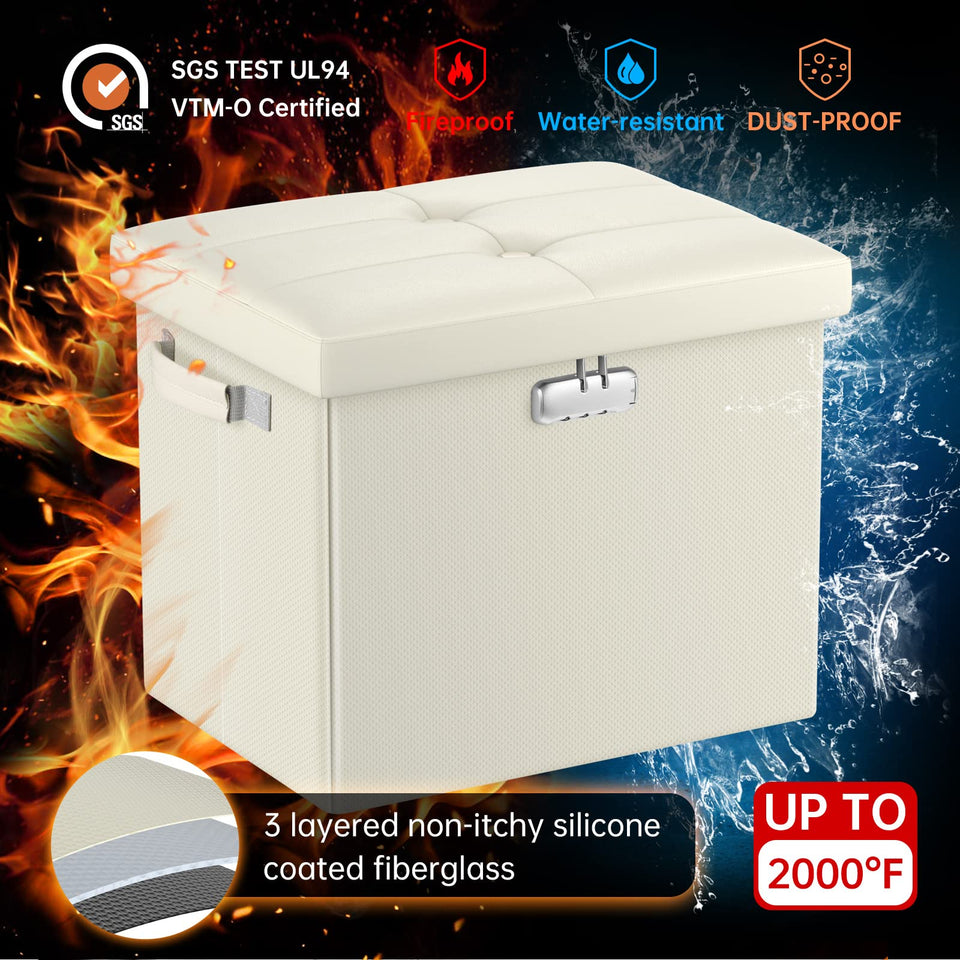 DocSafe Storage Ottoman with Lock,Fireproof Folding Ottoman Foot Rest Stool Storage Chest with Storage Safe for Important Documents,Waterproof 17 Inches Short Ottoman Foot Stool with Handles,Black