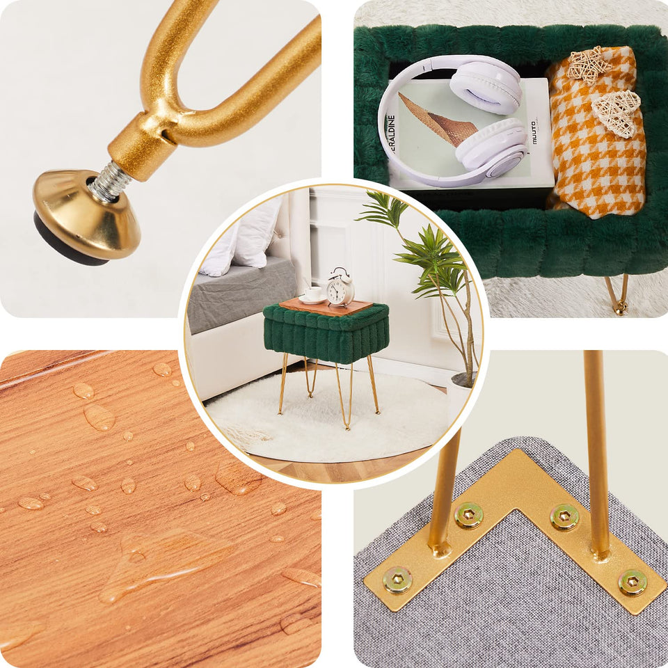 Wimarsbon Storage Ottoman, Vanity Stools with Metal Legs, 16.5" x 11.8" x 18" Modern Faux Mink Fur Footstool, Makeup Chair with Anti-Slip Feet, Accent Table,Footrest,Storage Bench for Bedroom