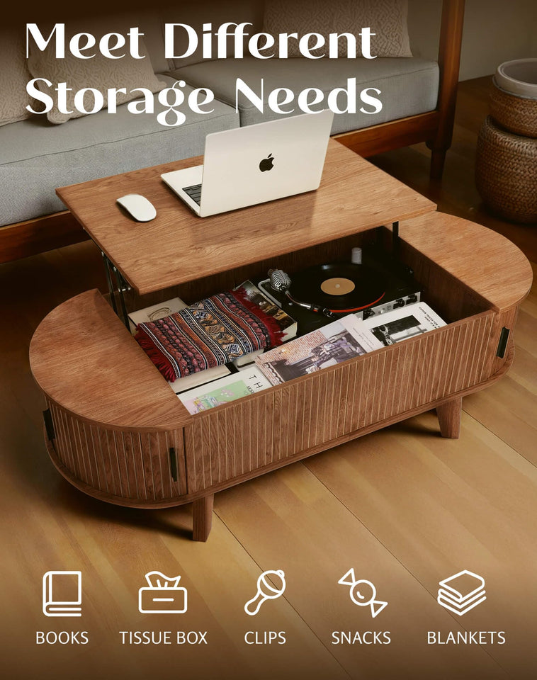 Pruchant Oval Lift Top Coffee Table with Storage, 47.2" Mid Century Modern Living Room Center Table with 180° Sliding Tambour Door, Wood Fluted Coffee Table for Home Office, Walnut