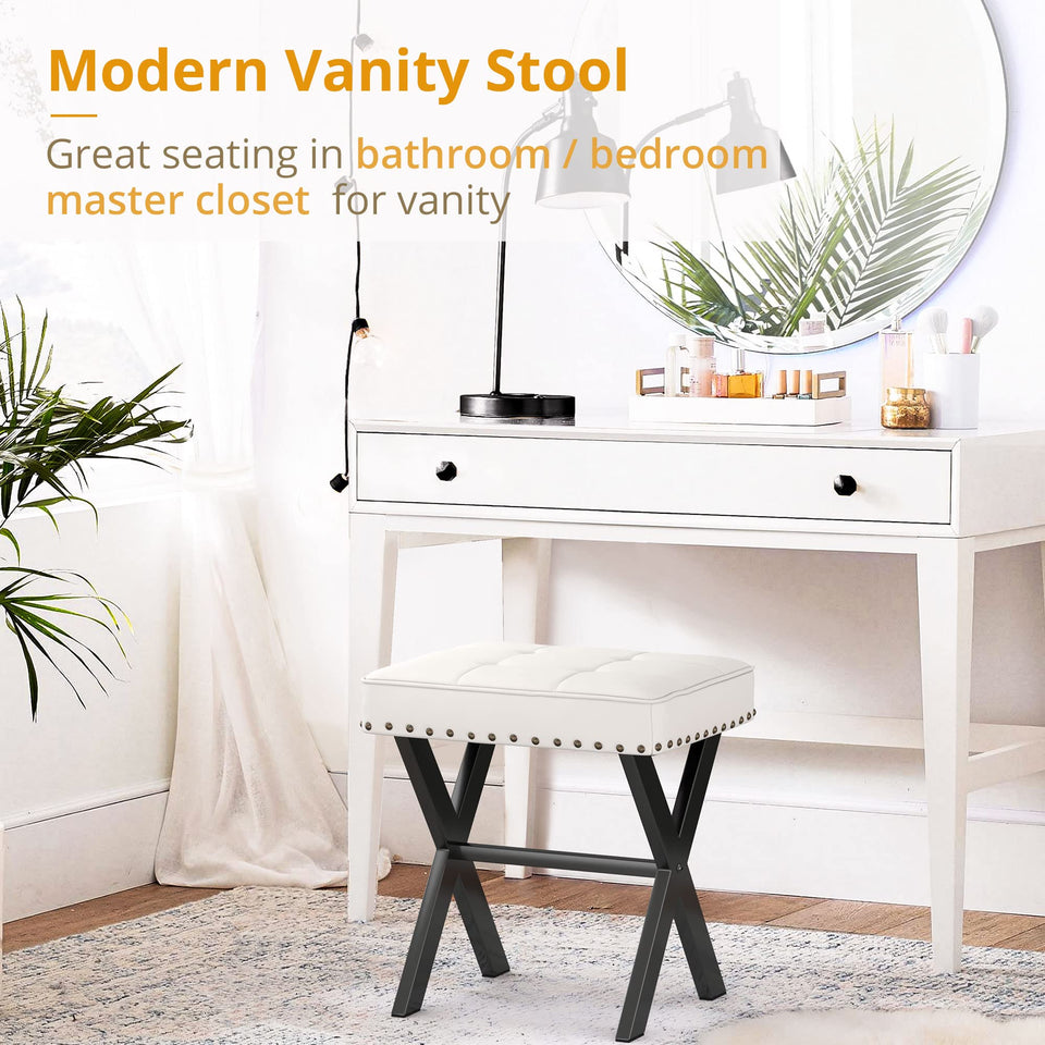 LUE BONA Square Linen Makeup Stool, Metal X Legs, Small Ottoman Stool Chair for Vanity, Modern Padded Seat Foot Rest for Makeup Room, Bathroom