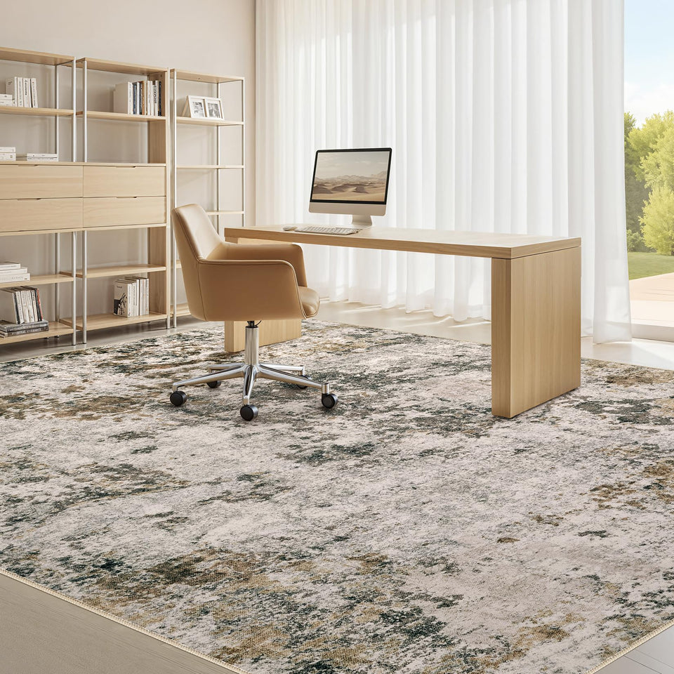 Area Rugs for Living Room: 12x15 Abstract Washable Rug Modern Neutral Large Soft Stain Resistant Non-Slip Backing Machine Table for Bedroom Dining Room Indoor Home Office Carpet - Gold Brown
