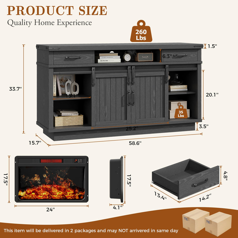 59'' Fireplace TV Stand with 3D Flame Electric Fireplace Heater, 34'' Tall Farmhouse TV Stand for 65 Inch TV, Entertainment Center TV Console with 2 Drawers, Sliding Barn Door for Living Room - White