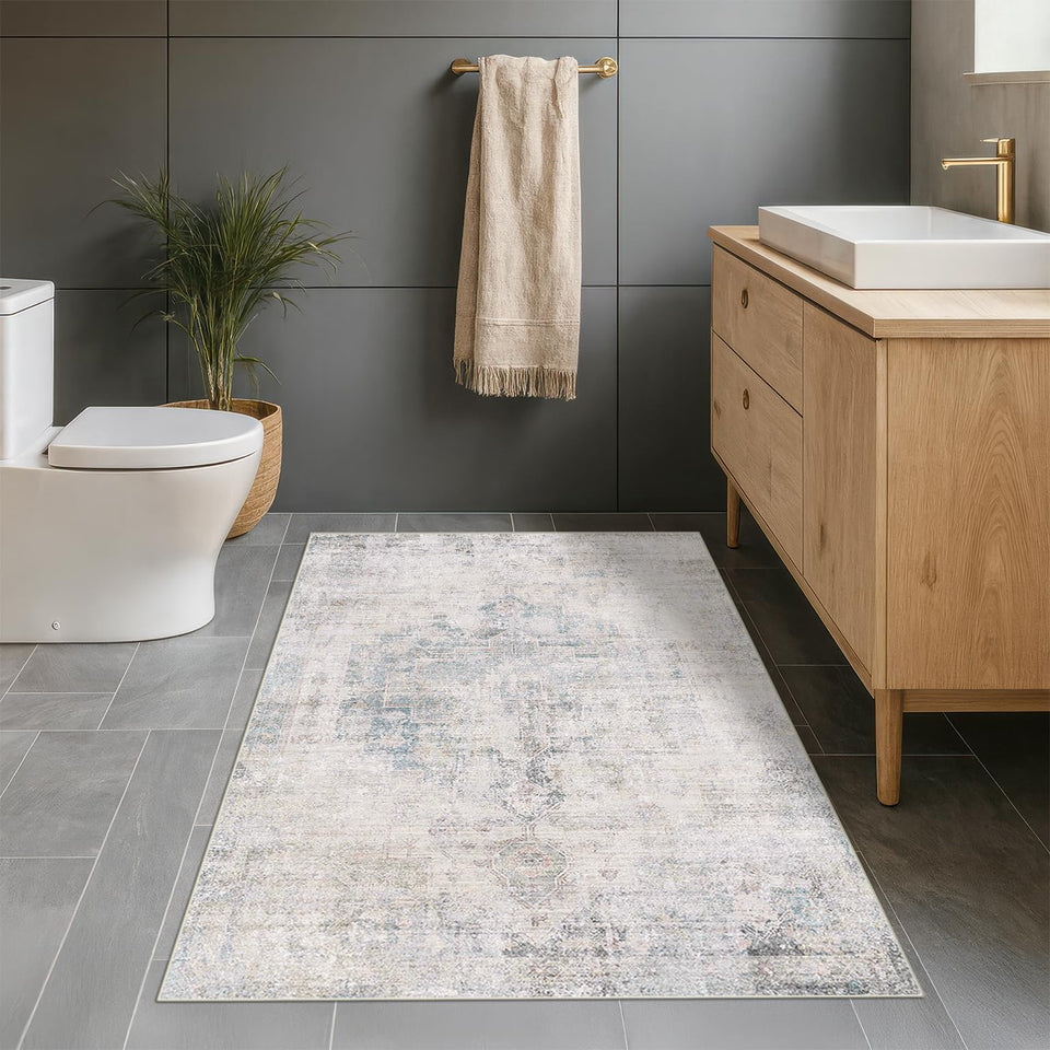 Neutral Living Room Rug - 10x14 Farmhouse Beige Brown Large Area Rug for Dining Room, Bedroom, Low Pile Lightweight Washable