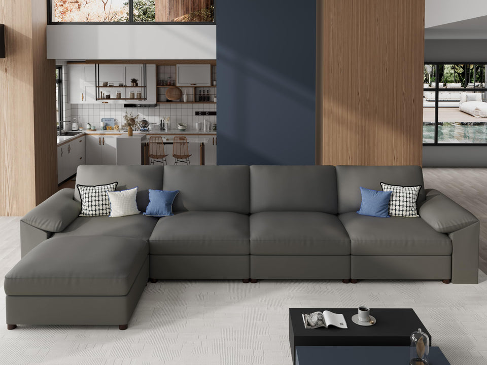 EASE MOOSE Leather Sectional Couch, Oversized Modular Sectional Sofas, Wide Deep Seat Modular Couch, Scratch Resistant Faux Leather Material, L Shaped Sofa for Big Spaces,Beige