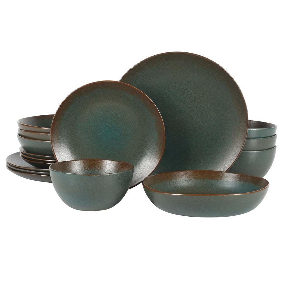 Bloomhouse Santorini Mist Double Bowl Terracotta Reactive Glaze Plates and Bowls Dinnerware Set - Amber, Service for Four (16pcs)