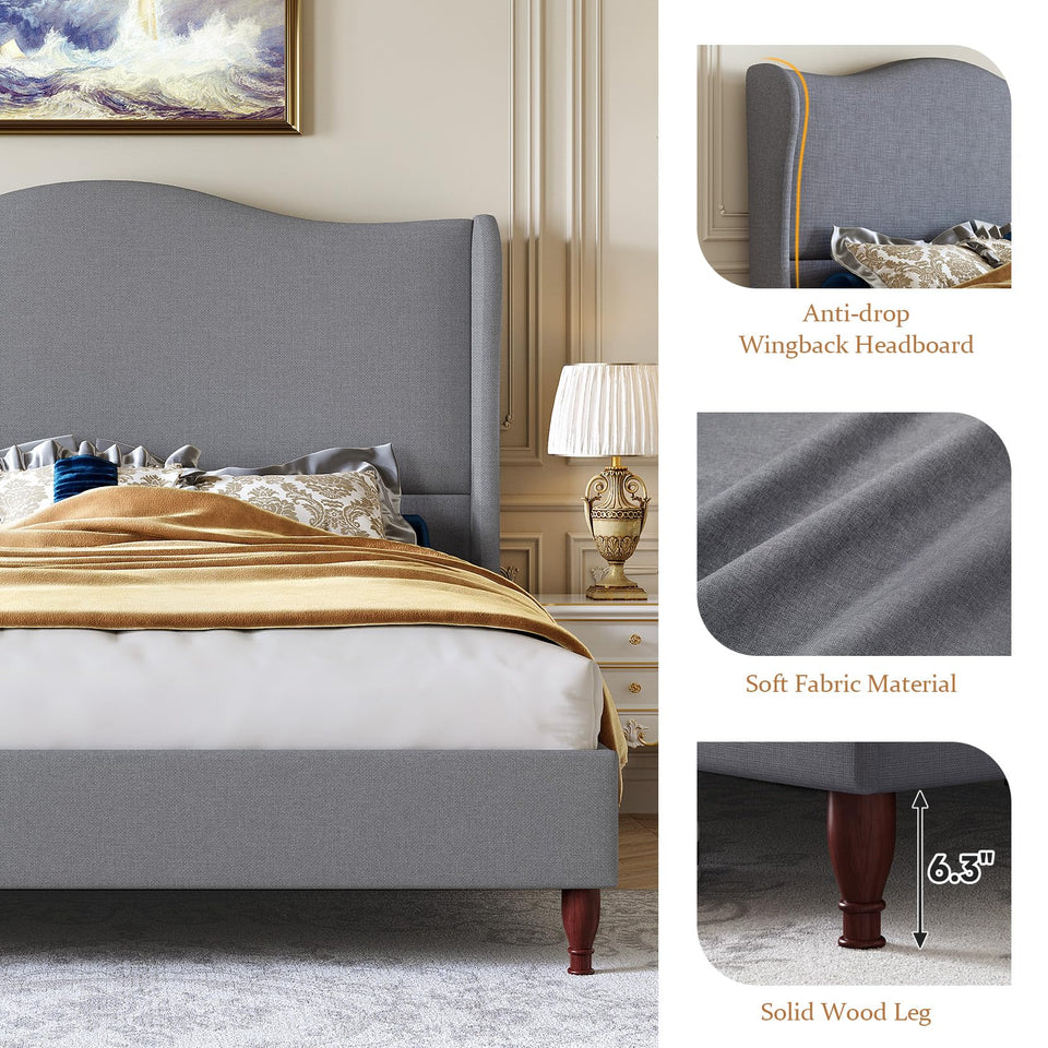 koorlian King Size Bed Frame Upholstered Platform Bed with 51" Tall Headboard Wingback, Soft Fabric, Retro Simple Style Platform Bed No Box Spring Needed, Easy Assembly, Beige