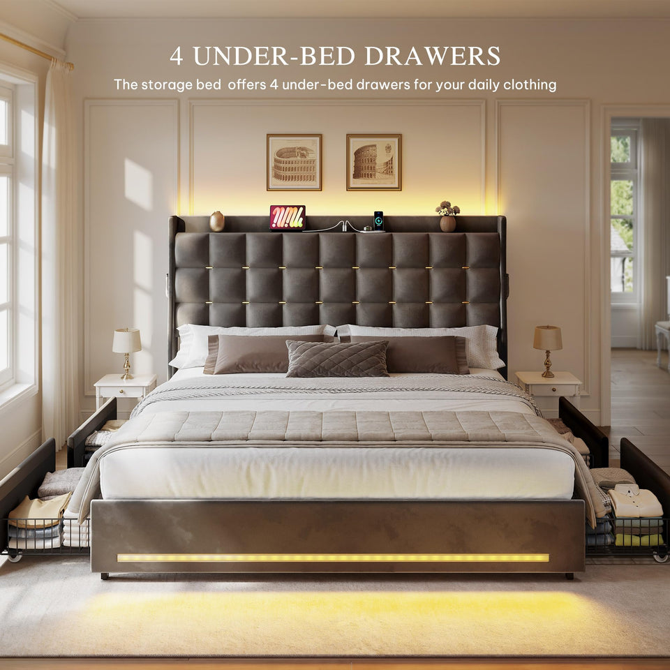 YITAHOME King Size Bed Frame with 4 Drawers and RGB LED Lights, Velvet Upholstered Platform Bed with Charging Station and Storage Headboard, No Box Spring Needed, Easy Assembly, Noise-Free, Black