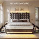 YITAHOME King Size Bed Frame with 4 Drawers and RGB LED Lights, Velvet Upholstered Platform Bed with Charging Station and Storage Headboard, No Box Spring Needed, Easy Assembly, Noise-Free, Black