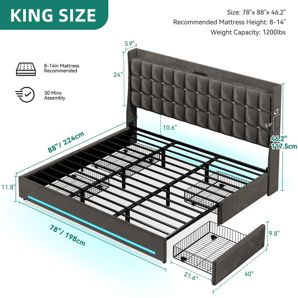 YITAHOME King Size Bed Frame with 4 Drawers and RGB LED Lights, Velvet Upholstered Platform Bed with Charging Station and Storage Headboard, No Box Spring Needed, Easy Assembly, Noise-Free, Black