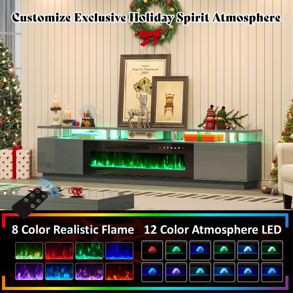 AMERLIFE Fireplace TV Stand with 36" Fireplace, 70" Modern High Gloss Fireplace Entertainment Center LED Lights, 2 Tier TV Console Cabinet for TVs Up to 80", Obsidian Black