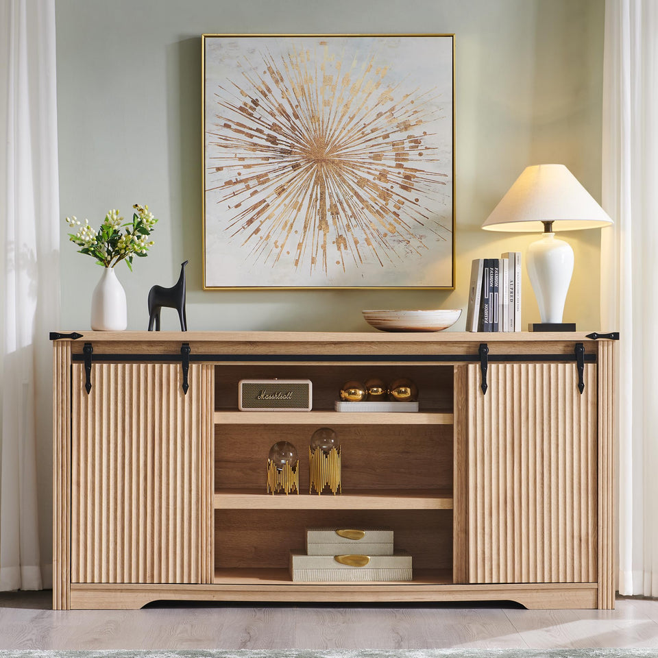 JXQTLINGMU Farmhouse TV Stand for 75+ Inch TV, 32" Tall Entertainment Center w/4 Drawers & Sliding Barn Door, Rustic Media Console w/Storage Shelves, 66" Wood Television Stand for Living Room, Brown