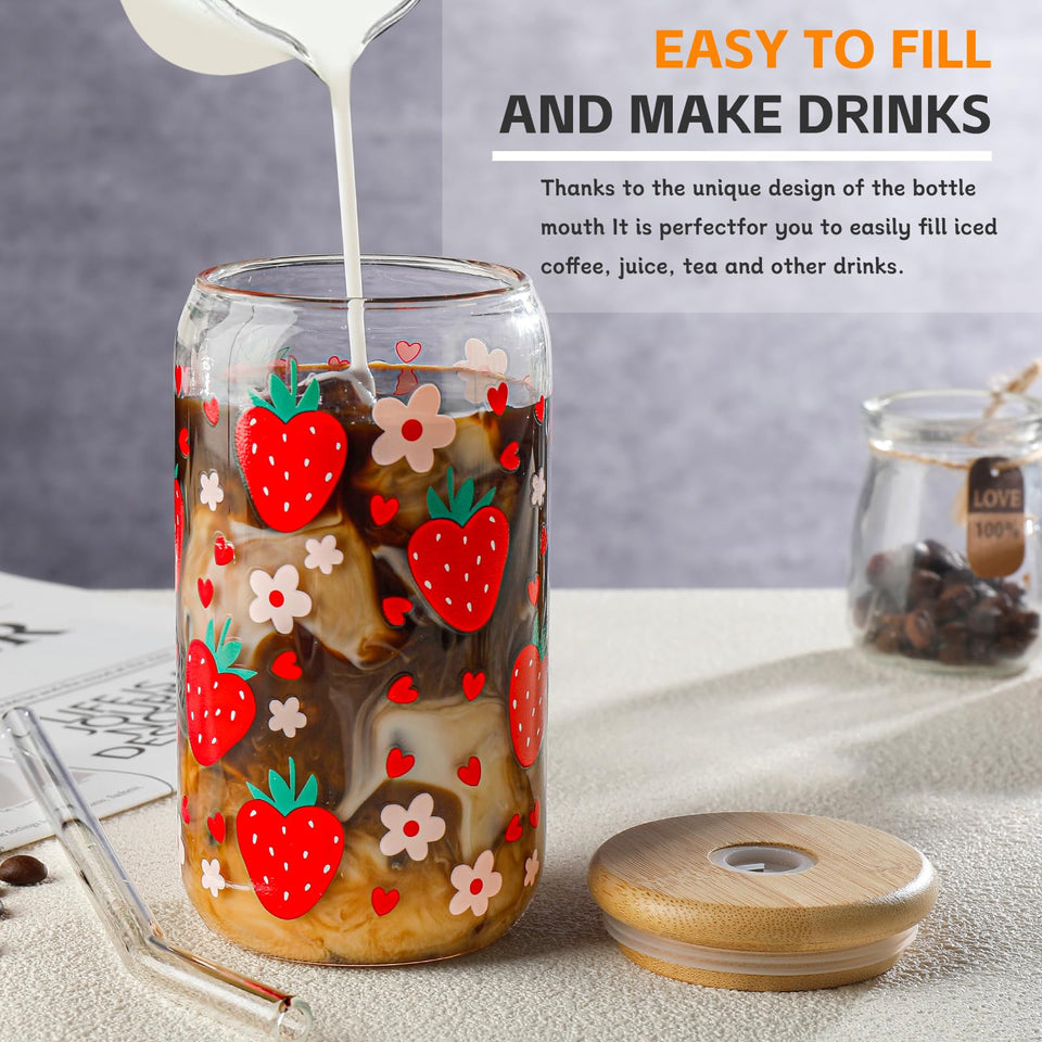 DWTS DANWEITESI Glass Cups with Lids and Straws 4 pcs,16oz Drinking Glasses Set for Coffee Bar Accessories,Iced Coffee Cups with Lids,Matcha Cup Glass Tumbler Reusable for Gifts