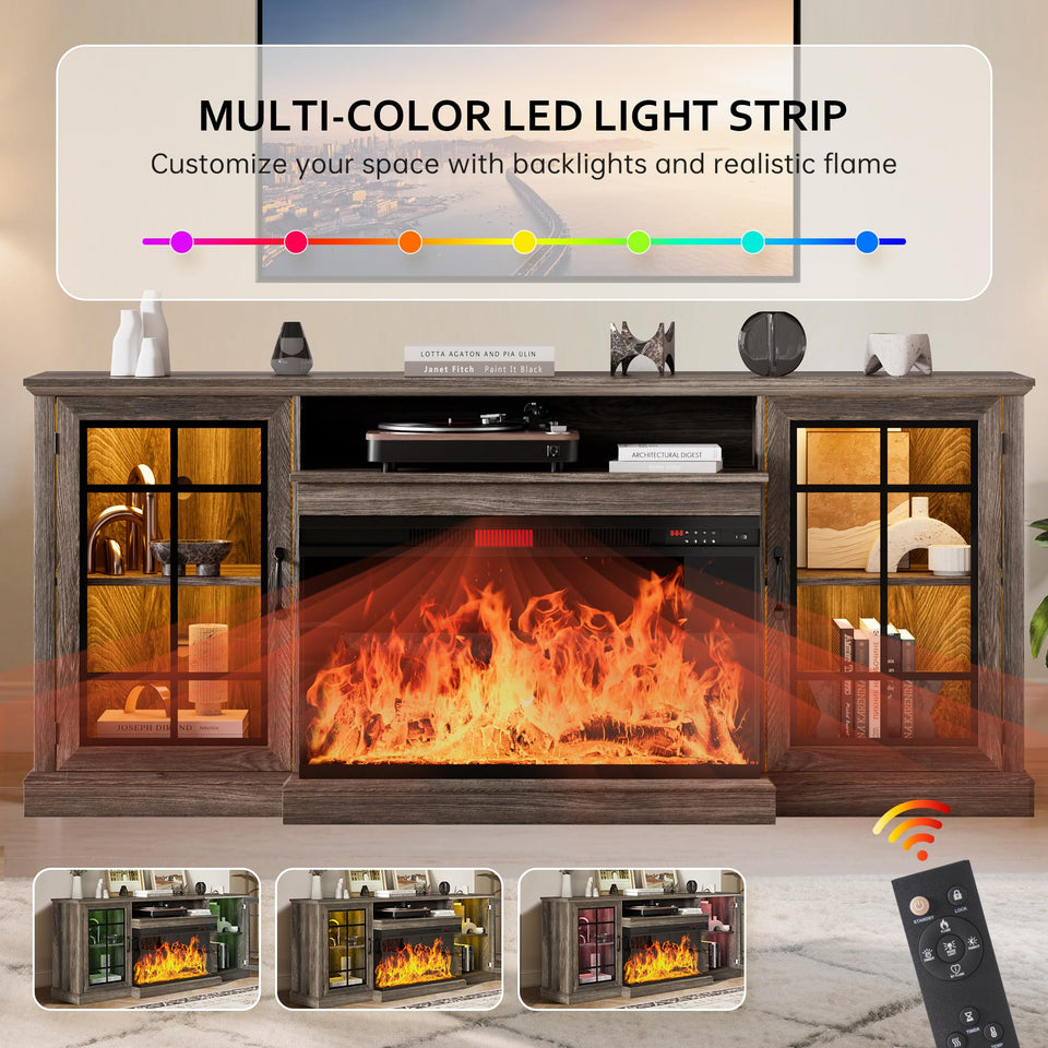 oneinmil 36 Inch 3-Sided Glass Fireplace TV Stand for TVs up to 80", Rustic Media Entertainment Center Console Table with Glass Door Closed Storage, Set of TV Table, White