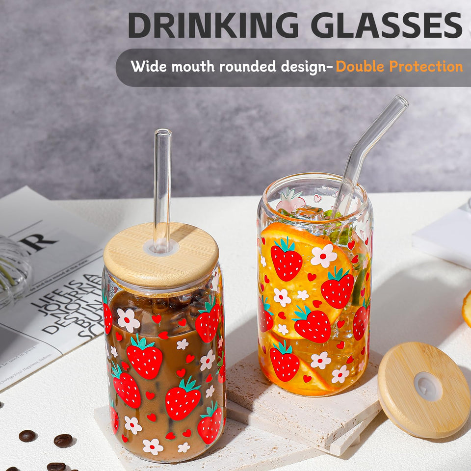 DWTS DANWEITESI Glass Cups with Lids and Straws 4 pcs,16oz Drinking Glasses Set for Coffee Bar Accessories,Iced Coffee Cups with Lids,Matcha Cup Glass Tumbler Reusable for Gifts