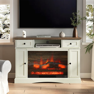 RoyalCraft Fireplace TV Stands with for TVs up to 55'', Media Console Table with Adjustable Shelves, Double-Door Design, Entertainment Center for Living Room, White and Rustic Oak