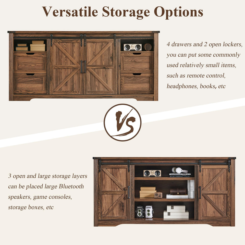 JXQTLINGMU Farmhouse TV Stand for 75+ Inch TV, 32" Tall Entertainment Center w/4 Drawers & Sliding Barn Door, Rustic Media Console w/Storage Shelves, 66" Wood Television Stand for Living Room, Brown