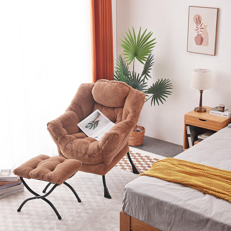 Welnow Lazy Chair with Ottoman, Modern Lounge Accent Chair with Armrests and a Side Pocket, Leisure Sofa Armchair, Reading Armchair with Footrest for Small Space, Dark Grey