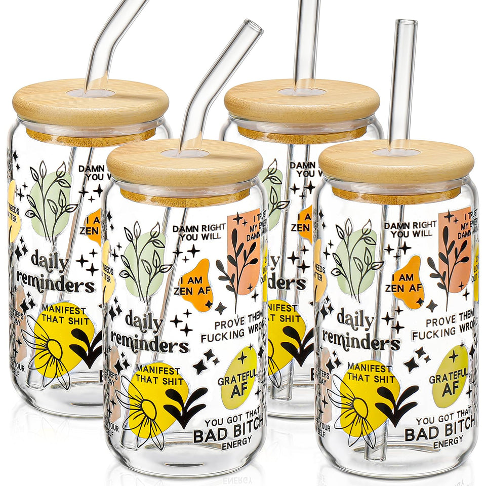DWTS DANWEITESI Glass Cups with Lids and Straws 4 pcs,16oz Drinking Glasses Set for Coffee Bar Accessories,Iced Coffee Cups with Lids,Matcha Cup Glass Tumbler Reusable for Gifts