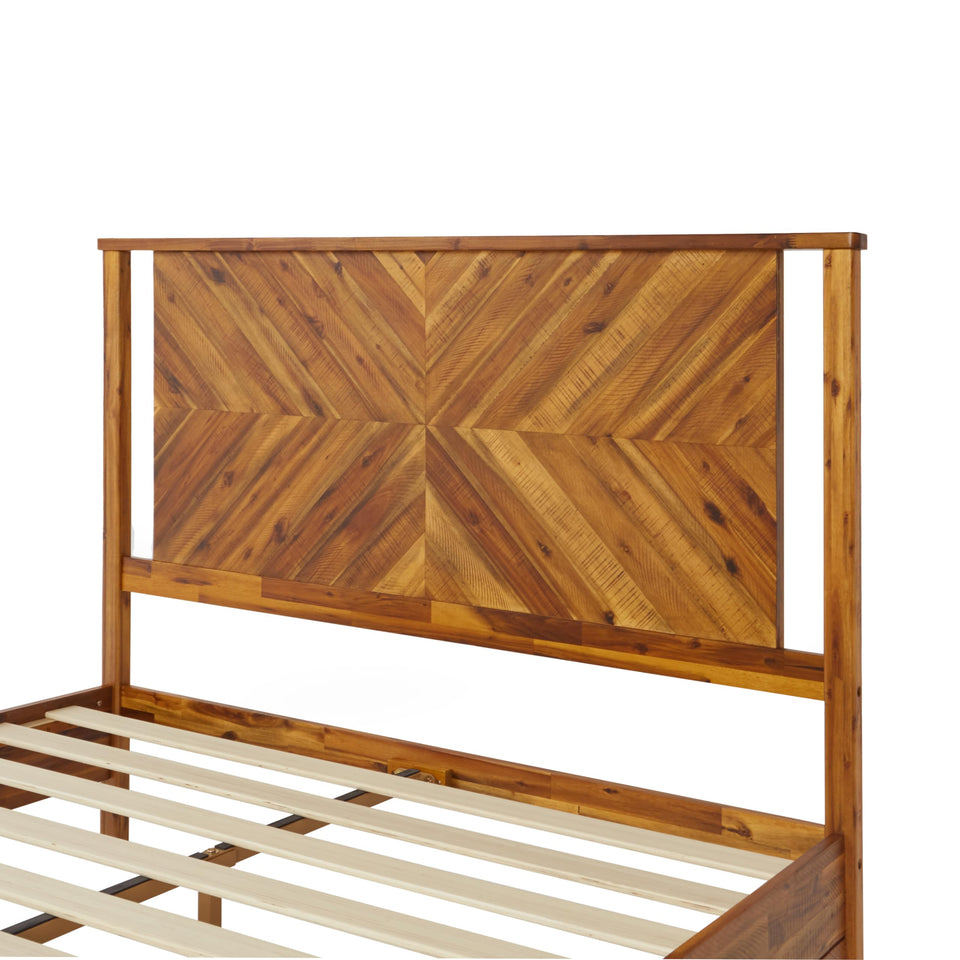 Bme Vivian 14 Inch Deluxe Bed Frame with Headboard, Rustic & Scandinavian Style with Solid Acacia Wood, No Box Spring Needed, 12 Strong Wood Slat Support, Easy Assembly, King, Rustic Golden Brown