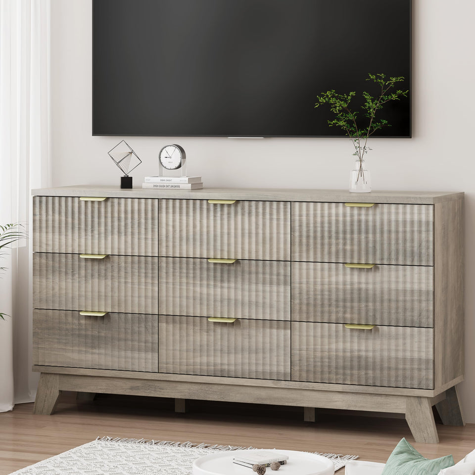 Fluted Dresser for Bedroom with 9 Drawers, 57" Wide Modern Chest of Drawers with Metal Handle, Wooden Dresser TV Stand, Wood Closet Clothes Storage Organizer for Living Room, Hallway, Natural Oak