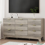Fluted Dresser for Bedroom with 9 Drawers, 57" Wide Modern Chest of Drawers with Metal Handle, Wooden Dresser TV Stand, Wood Closet Clothes Storage Organizer for Living Room, Hallway, Natural Oak