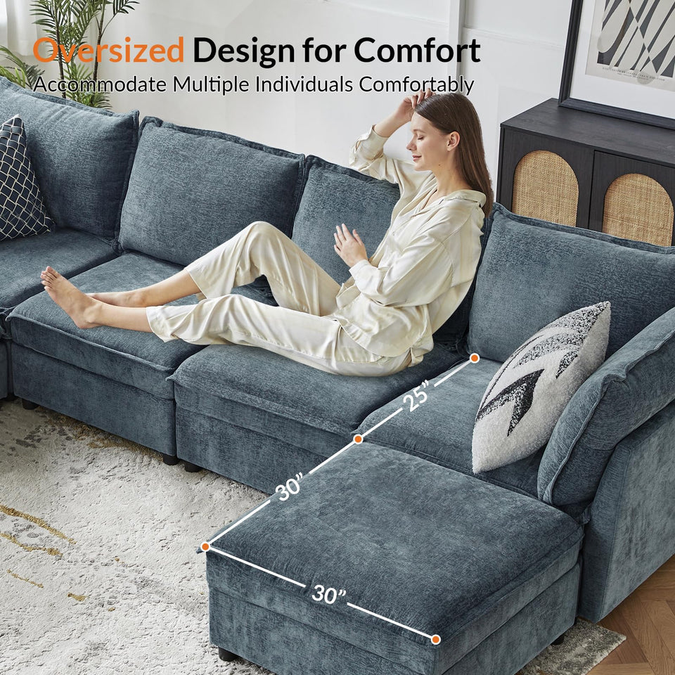 HULALA HOME 127'' Modular Sectional Sofa, Oversized U Shaped Couch with Storage Ottoman, Comfy Chenille Sofa with Deep Seat, 6 Seat Convertible Couches for Living Room, Beige