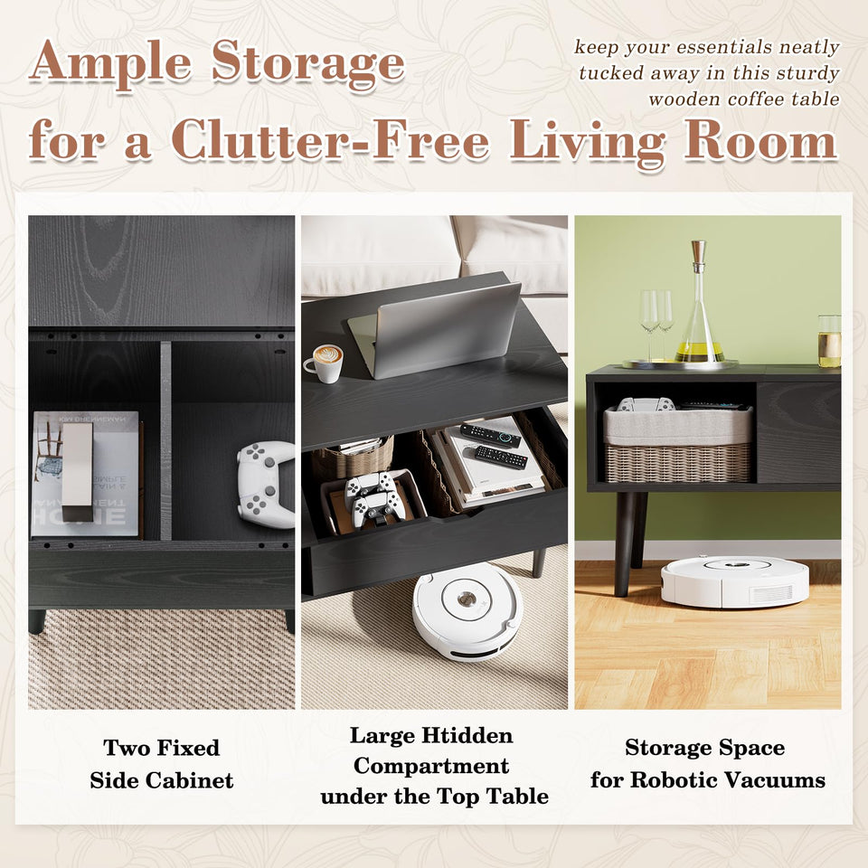 OLIXIS Wood Lift Top Coffee Table with Hidden Compartment and Large Storage Shelf, Lift Tabletop Dining Center Table for Home Living Room Office, Black