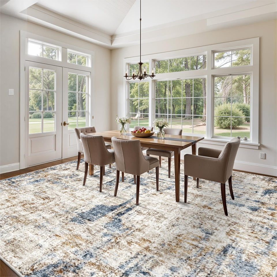 12x15 Area Rug for Living Room – Large Modern Neutral Abstract Thin Washable Carpet, Soft Low Pile Non-Slip Stain-Resistant for Bedroom Dining Room Home Office (Beige Grey)