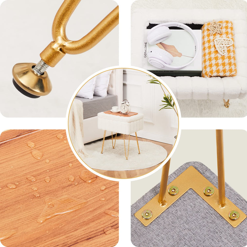 Wimarsbon Storage Ottoman, Vanity Stools with Metal Legs, 16.5" x 11.8" x 18" Modern Faux Mink Fur Footstool, Makeup Chair with Anti-Slip Feet, Accent Table,Footrest,Storage Bench for Bedroom