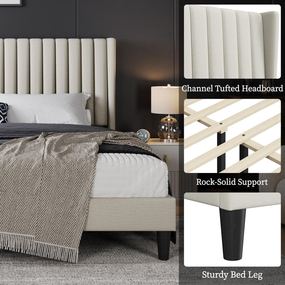 Yaheetech King Bed Frame Upholstered Platform Bed with Fabric Headboard, Wing Edge Design/Non-Slip and Noise-Free/Wooden Slats Support/No Box Spring Needed/Easy Assembly, Ivory King Bed