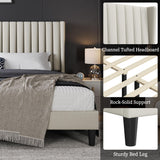 Yaheetech King Bed Frame Upholstered Platform Bed with Fabric Headboard, Wing Edge Design/Non-Slip and Noise-Free/Wooden Slats Support/No Box Spring Needed/Easy Assembly, Ivory King Bed