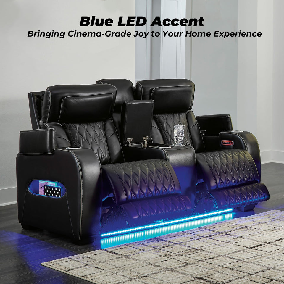 Signature Design by Ashley Boyington Contemporary Leather Match Power Reclining Sofa with USB Charging Ports, LED Lights and Adjustable Headrest, Light Gray