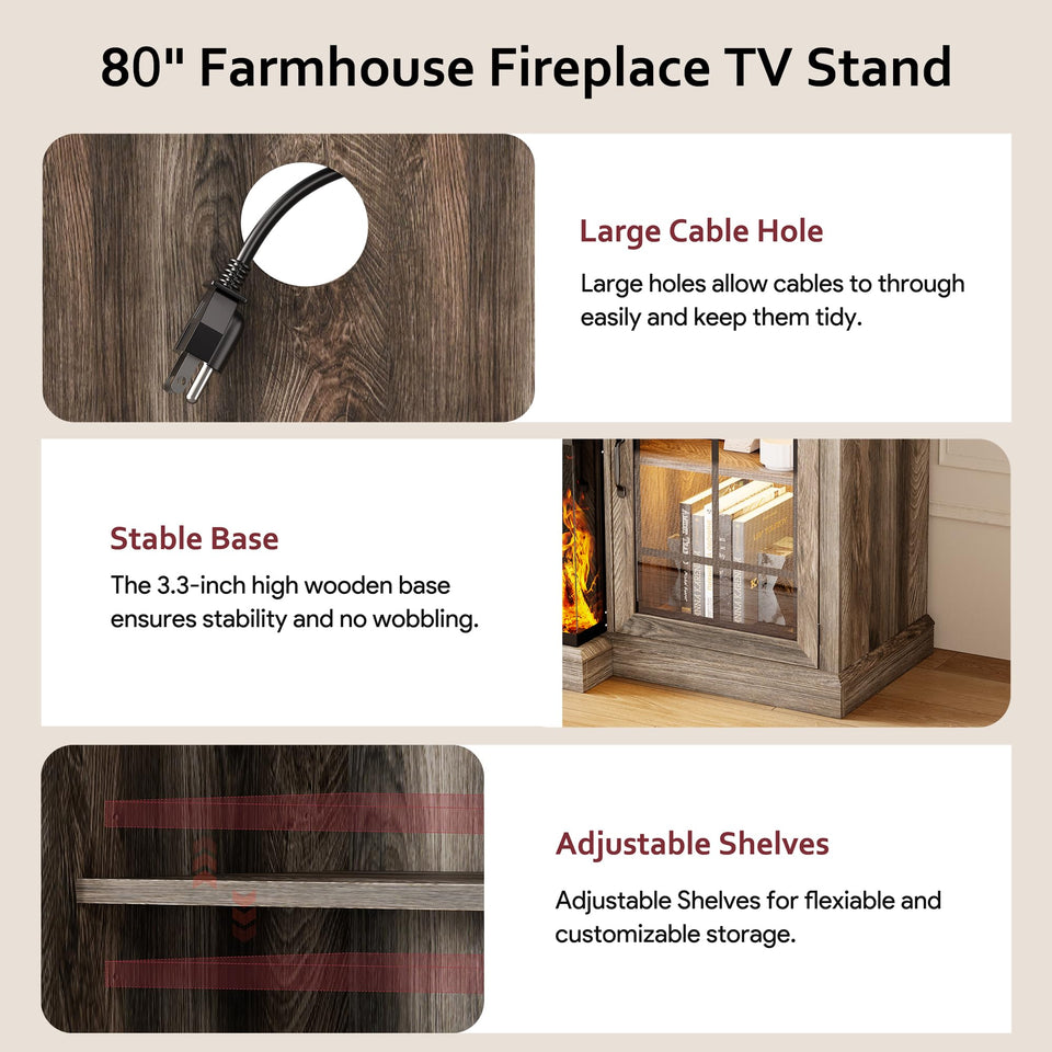 oneinmil 36 Inch 3-Sided Glass Fireplace TV Stand for TVs up to 80", Rustic Media Entertainment Center Console Table with Glass Door Closed Storage, Set of TV Table, White