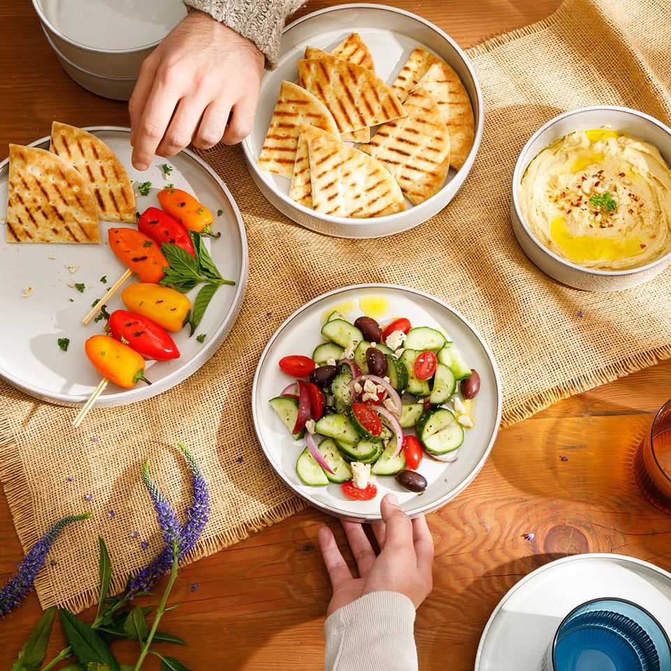 Bloomhouse Santorini Mist Double Bowl Terracotta Reactive Glaze Plates and Bowls Dinnerware Set - Amber, Service for Four (16pcs)