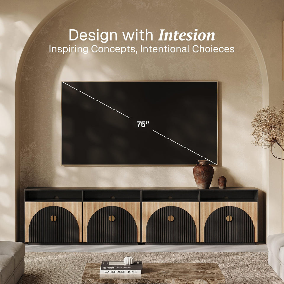 BELLEZE 65 Inch Fluted Buffet Cabinet with Storage, Symmetrical Arc Accent Sideboard Large Console Table for Dining Room, Kitchen, and Living Room (Caramel Brown)