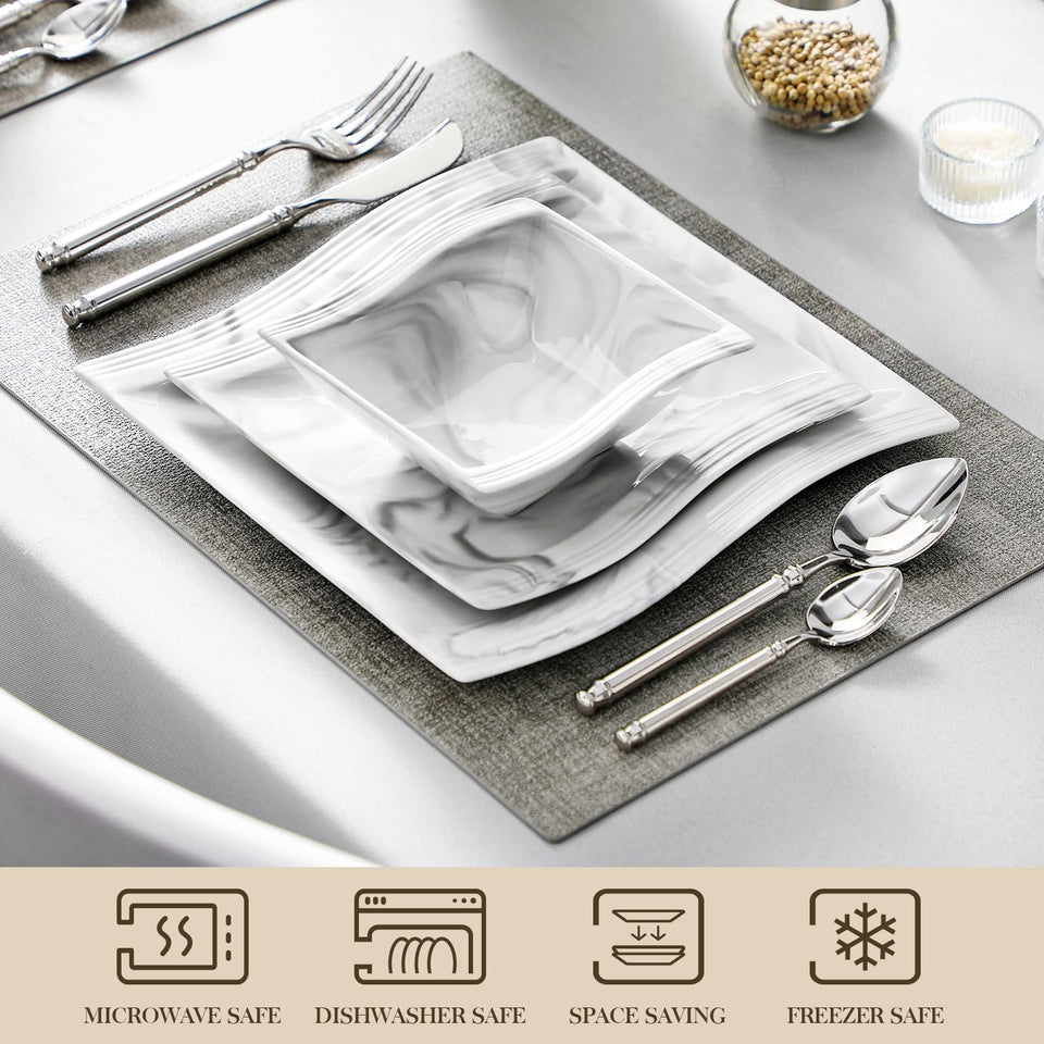 MALACASA Ivory White Dinnerware Sets, 30-Piece Porcelain Plates and Bowls Sets, Modern Dish Set for 6, Square Plates Dinnerware Set Kitchen Dishware Sets, Microwave and Dishwasher Safe, Series Flora