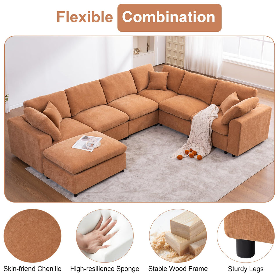 Tmsan 129.3" Oversized Modular Sectional Sofa, U Shaped Couch with Movable Ottoman, Large 7 Seat Corner Couches for Living Room, Spacious Space, Beige