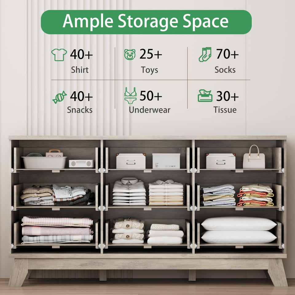 Fluted Dresser for Bedroom with 9 Drawers, 57" Wide Modern Chest of Drawers with Metal Handle, Wooden Dresser TV Stand, Wood Closet Clothes Storage Organizer for Living Room, Hallway, Natural Oak