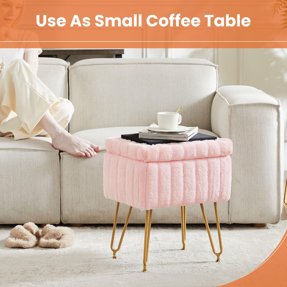 Sweetcrispy Vanity Stool Chair with Storage, Ottoman Faux Fur Soft Padded Makeup Footstools Seat with 4 Metal Legs Anti-Slip Adjustable Feet Modern Cute Small Footrest for Home Entryway Bedroom White