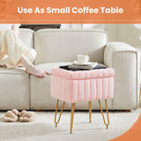 Sweetcrispy Vanity Stool Chair with Storage, Ottoman Faux Fur Soft Padded Makeup Footstools Seat with 4 Metal Legs Anti-Slip Adjustable Feet Modern Cute Small Footrest for Home Entryway Bedroom White